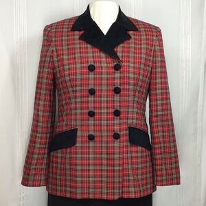 Evan-Picone Red Plaid Black Velvet Double-Breasted Tailored Lined Blazer